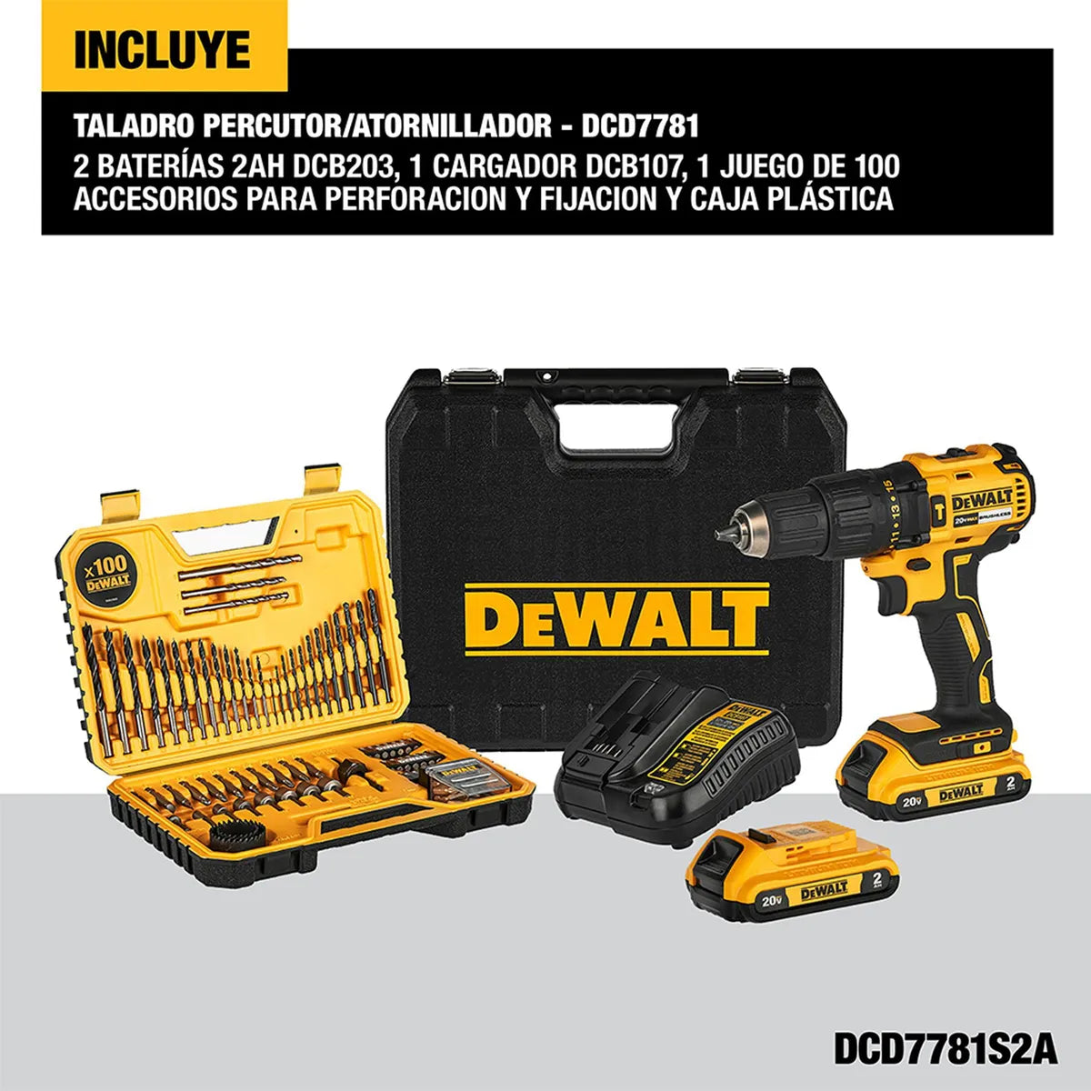 Taladro Percutor Inalámbrico 20V Brushless + 100 Accesorios DEWALT DCD7781S2A