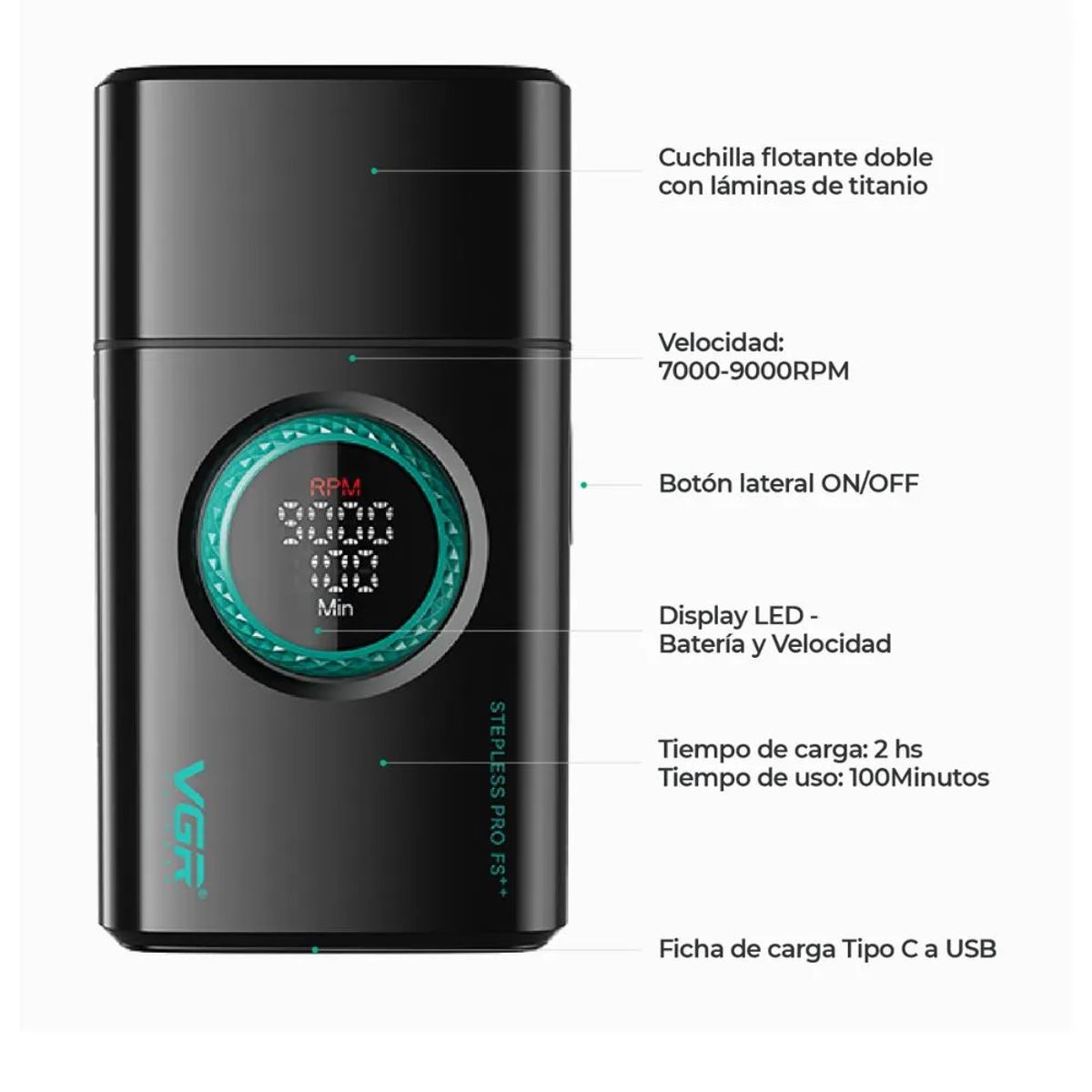 Afeitadora Shaver Inalámbrica Recargable USB 9000 RPM VGR V-377