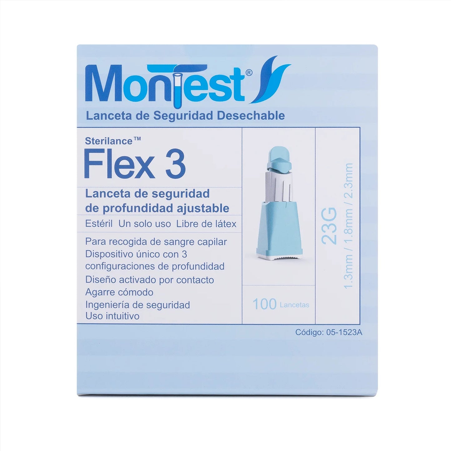 Lancetas Automáticas 3 Nivel MONTEST FLEX 3 23 G CAJA 100 UND