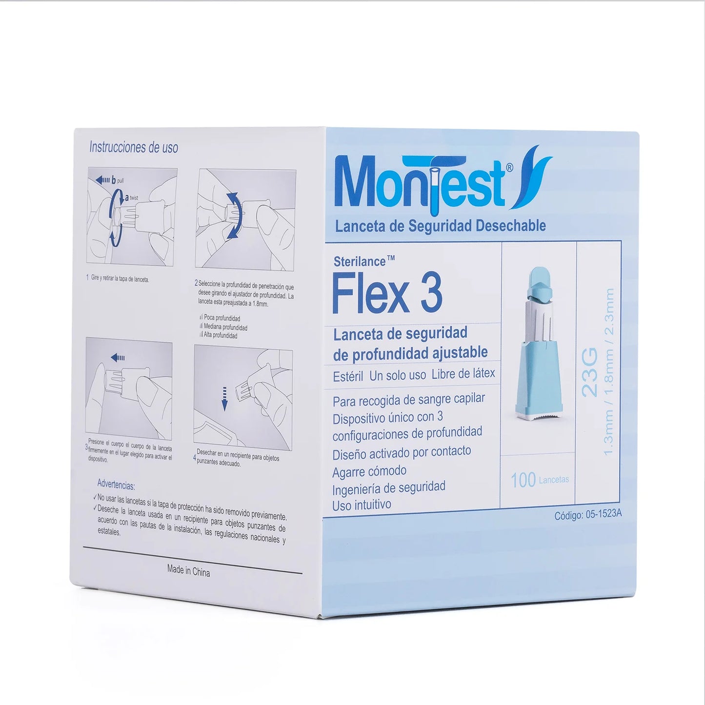 Lancetas Automáticas 3 Nivel MONTEST FLEX 3 23 G CAJA 100 UND