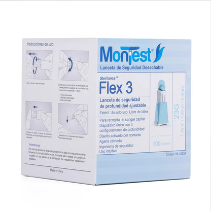 Lancetas Automáticas 3 Nivel MONTEST FLEX 3 23 G CAJA 100 UND