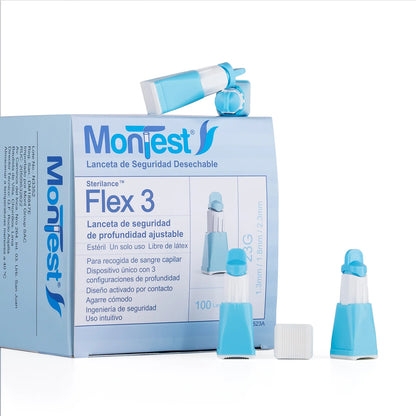 Lancetas Automáticas 3 Nivel MONTEST FLEX 3 23 G CAJA 100 UND