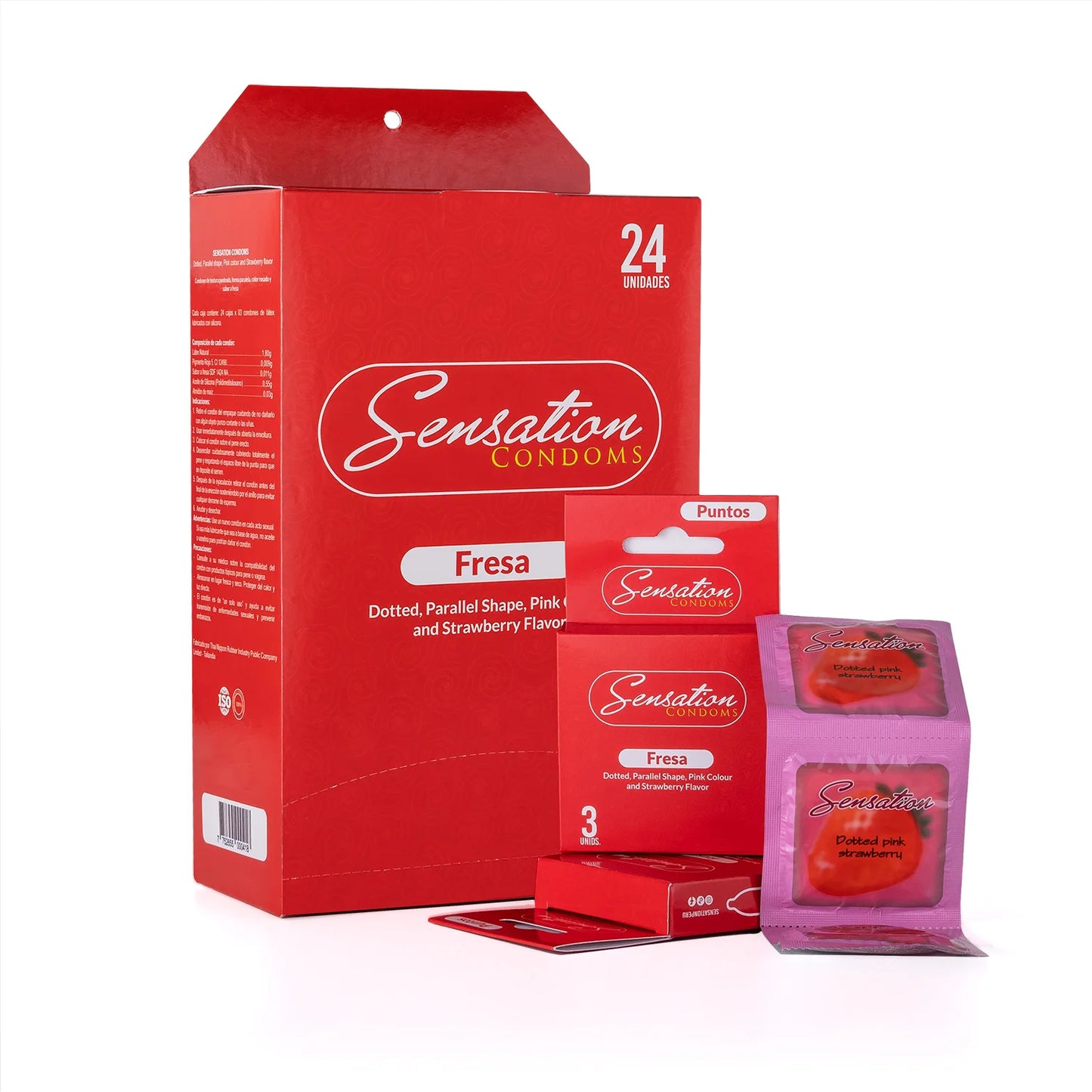 Preservativos SENSATION Fresa Con Puntos CAJA 24 X 3 UND