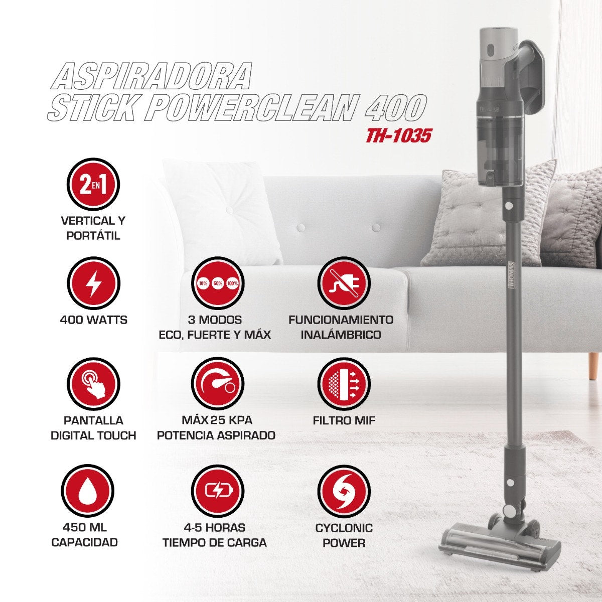 Aspiradora Stick Inalámbrica Powerclean 400 W 25 kPa THOMAS TH-1035