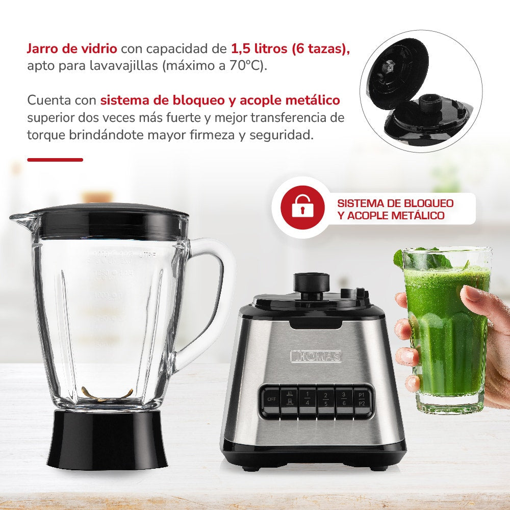 Licuadora 600 W Jarro de Vidrio 1.5 L 6 Velocidades THOMAS TH-410Vi