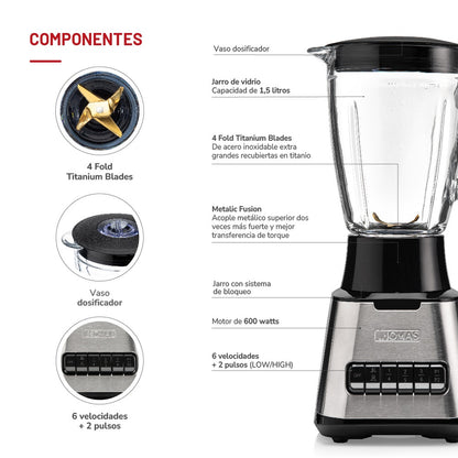 Licuadora 600 W Jarro de Vidrio 1.5 L 6 Velocidades THOMAS TH-410Vi