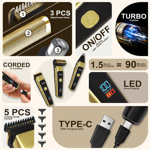 Kit de Corte 3 en 1 Recargable Pelo, Barba y Nariz VGR V-366