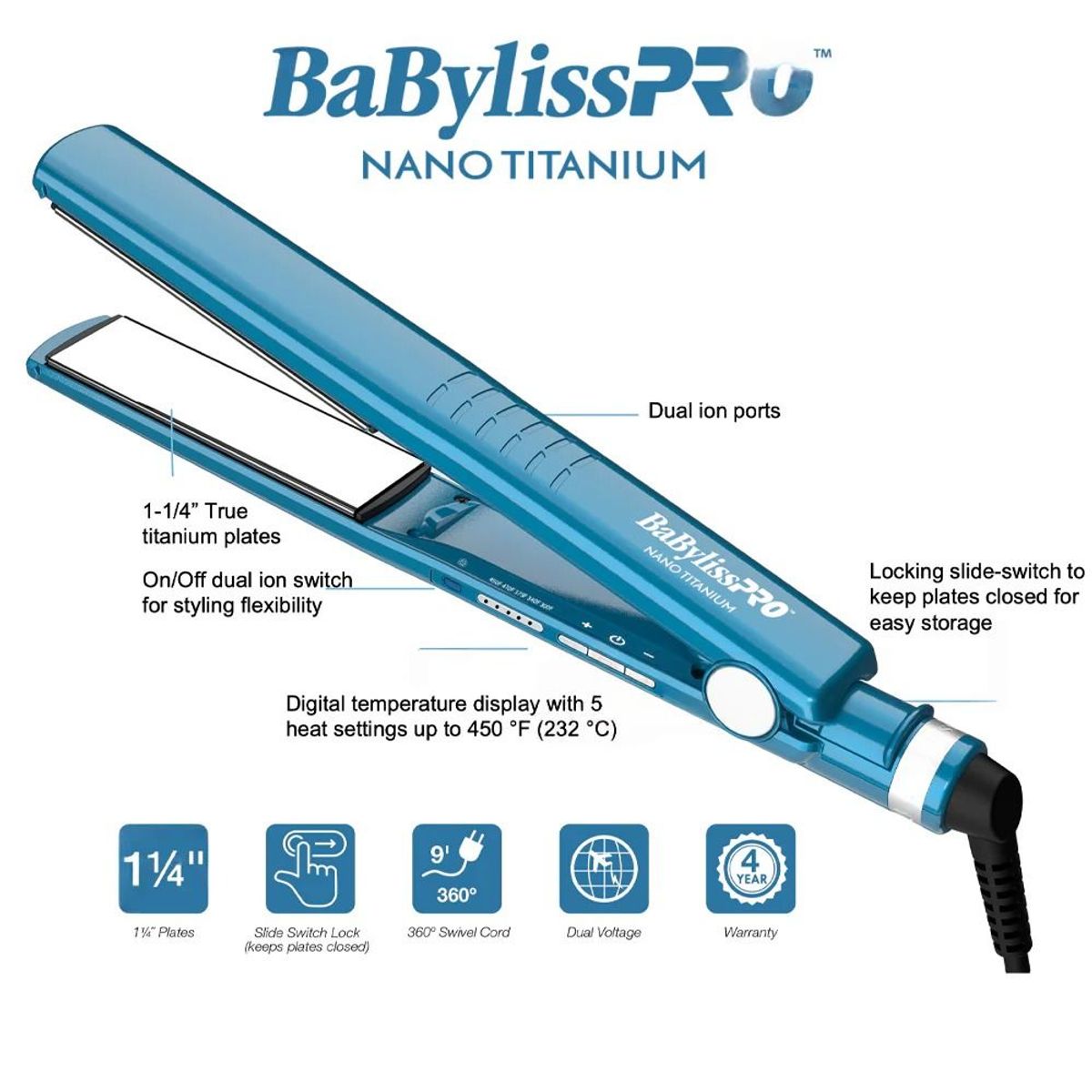 Plancha Alisadora Nano Titanium Dual Ionic 1 1/4" BABYLISS PRO BNT9125TPE