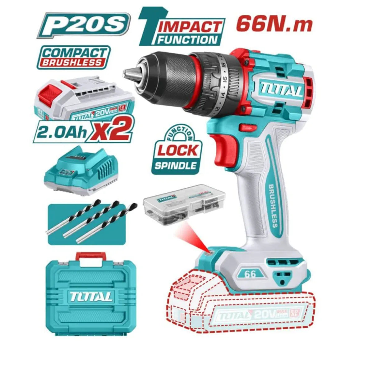 Taladro Atornillador Percutor Inalámbrico 20 V 66 Nm Brushless TOTAL TIDLI20668