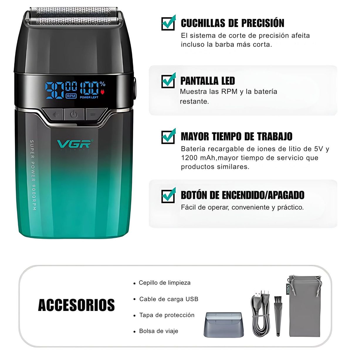 Afeitadora Shaver Profesional Recargable 9000 RPM VGR V-308