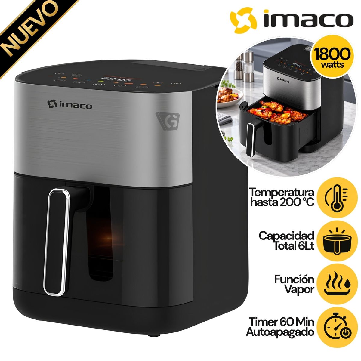 Freidora de Aire Digital 6 L con Visor y Función Vapor IMACO AF6018ST
