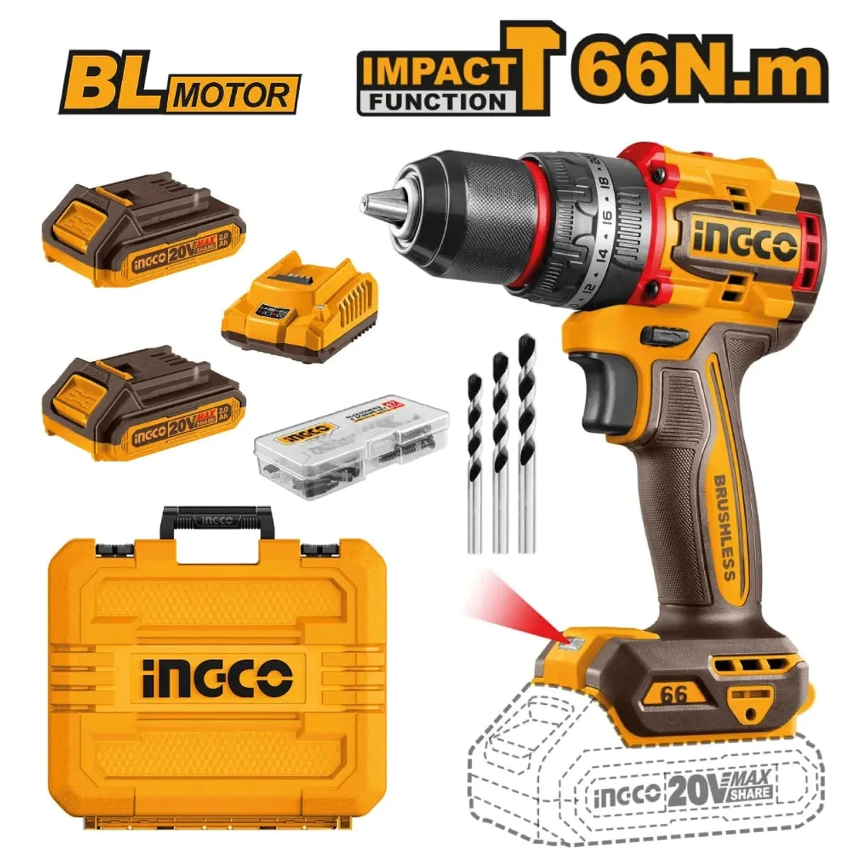 Taladro Percutor Inalámbrico Brushless 20 V 66 Nm + 2 Baterías INGCO CIDLI20668
