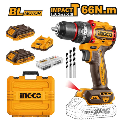 Taladro Percutor Inalámbrico Brushless 20 V 66 Nm + 2 Baterías INGCO CIDLI20668