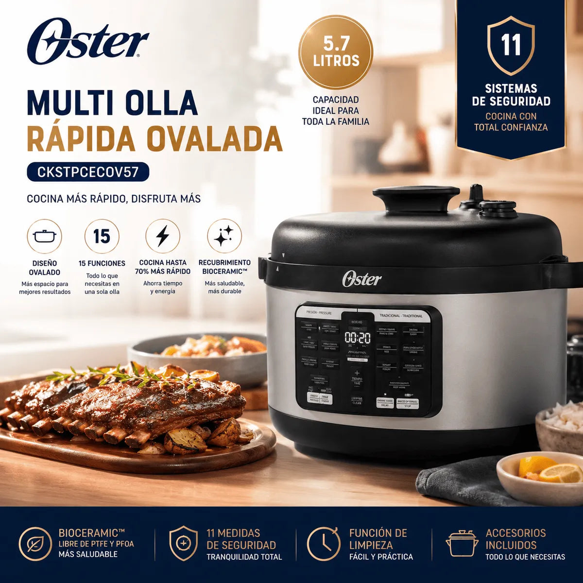 Multi-Olla Rápida Ovalada 5.7 L 15 Funciones Bioceramic OSTER CKSTPCECOV57
