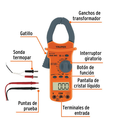 Multímetro con Pinza Amperimétrica True RMS 1000 A TRUPER MUT-202