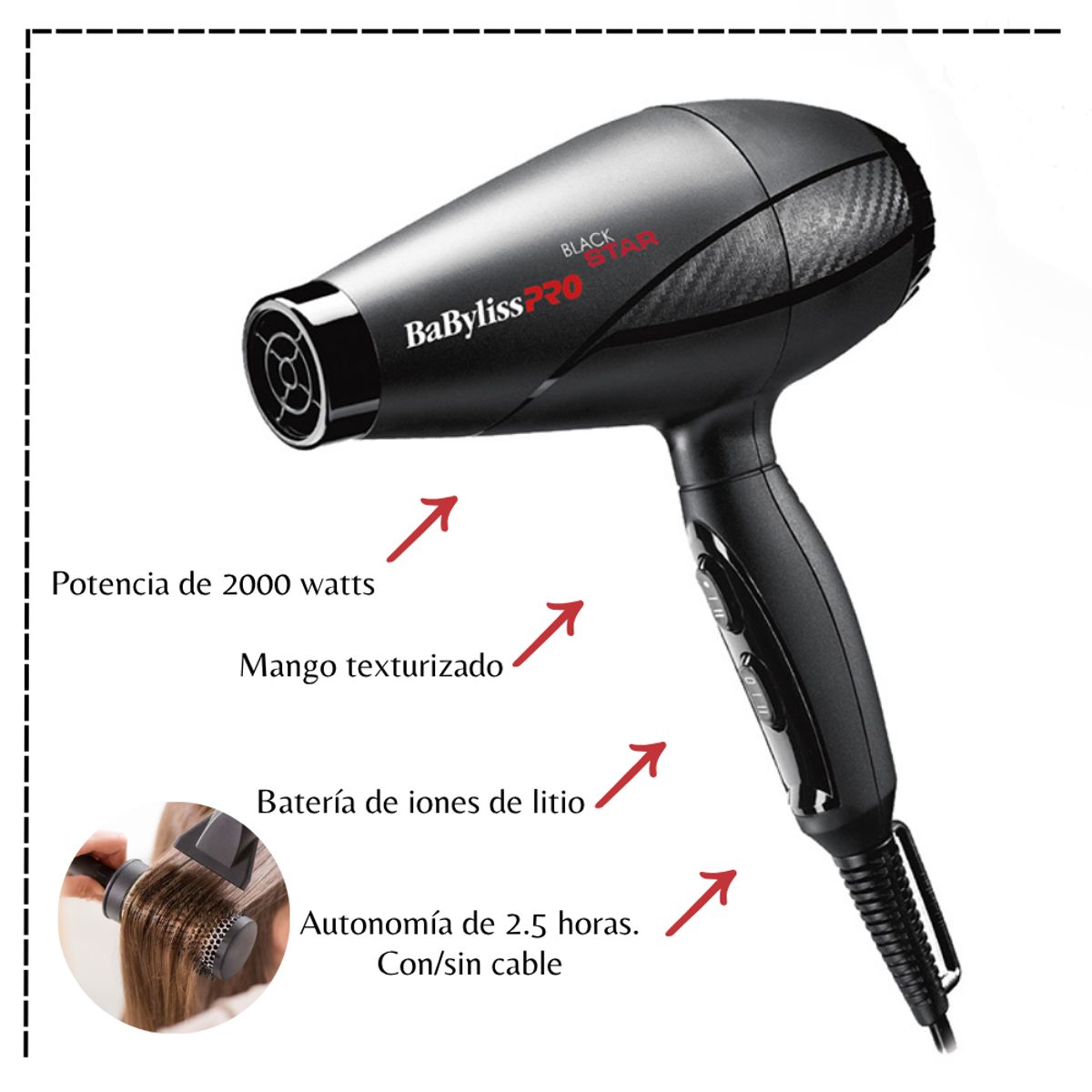 Secadora de Cabello Profesional Iónica 2000 W BABYLISS PRO Black Star B6200PE