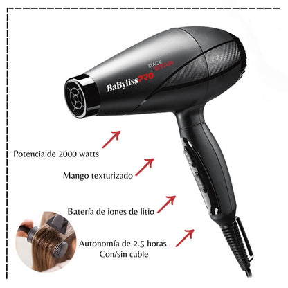 Secadora de Cabello Profesional Iónica 2000 W BABYLISS PRO Black Star B6200PE