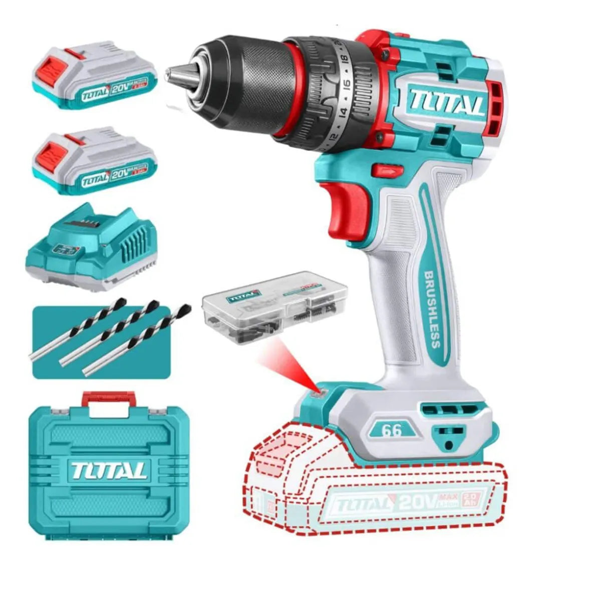 Taladro Atornillador Percutor Inalámbrico 20 V 66 Nm Brushless TOTAL TIDLI20668
