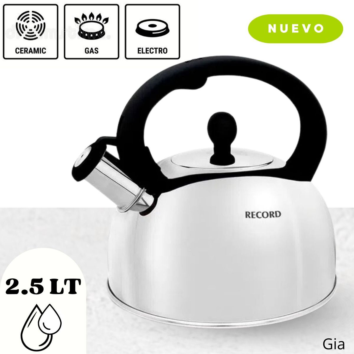 Tetera de Acero Inoxidable 2.5 L con Silbato RECORD Gia Plus