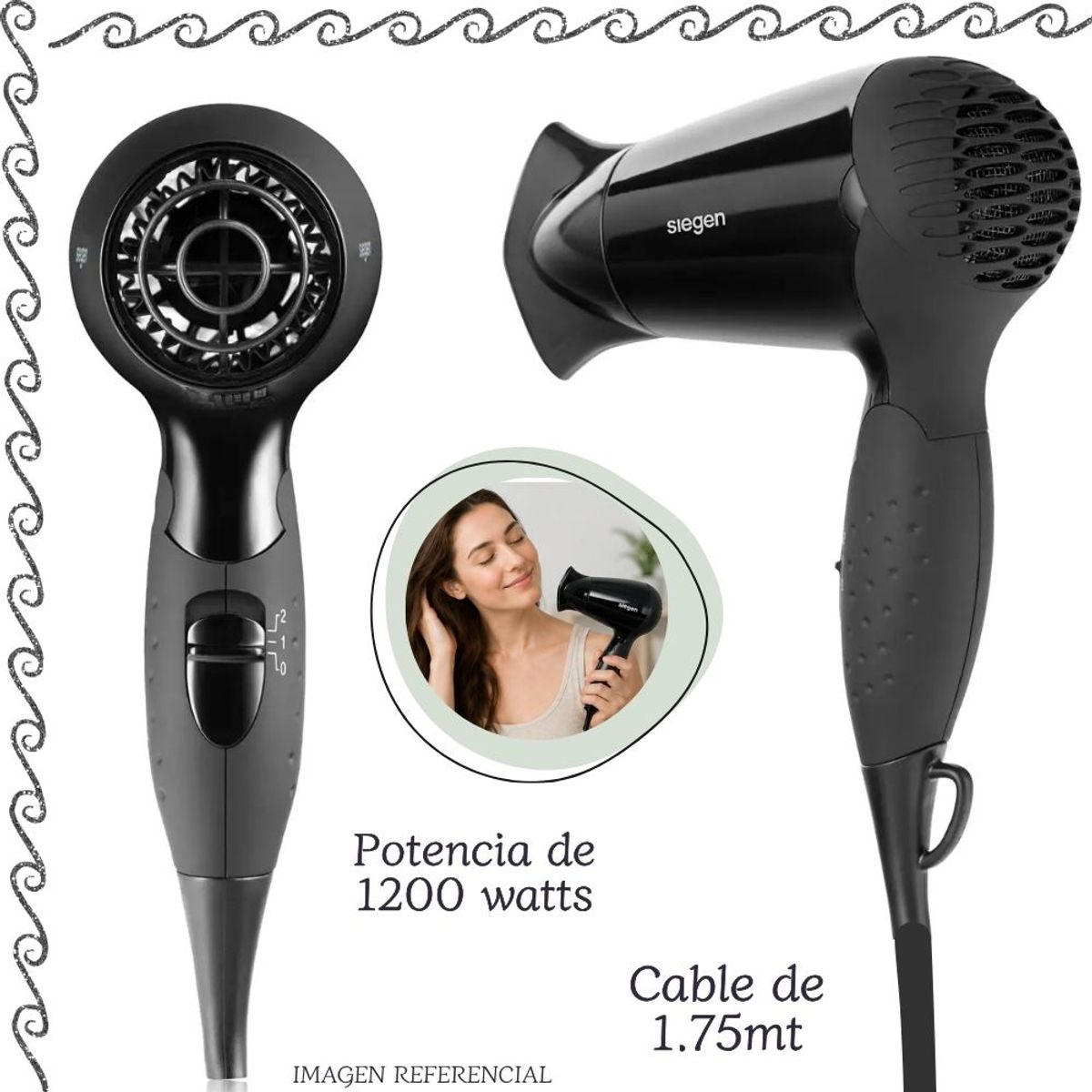 Secadora de Cabello Plegable de Viaje 1200 W SIEGEN SG-3005