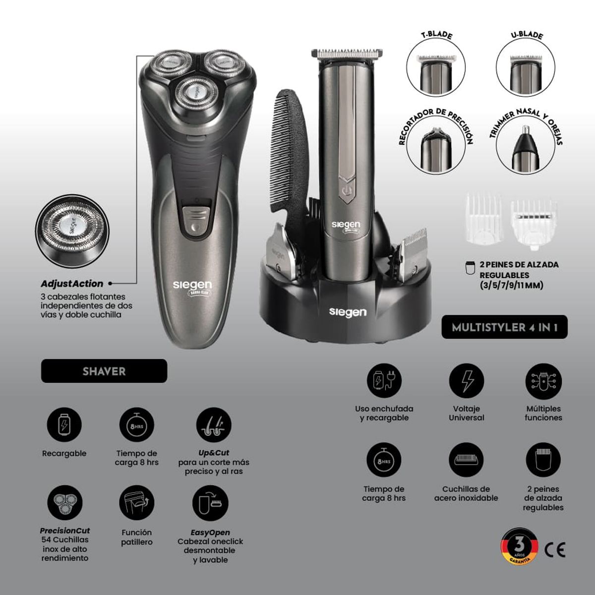 Set Afeitadora y Cortapelo Multistyler 4 en 1 Recargable SIEGEN SG-8440C01