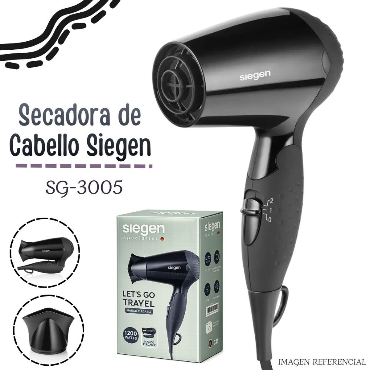 Secadora de Cabello Plegable de Viaje 1200 W SIEGEN SG-3005
