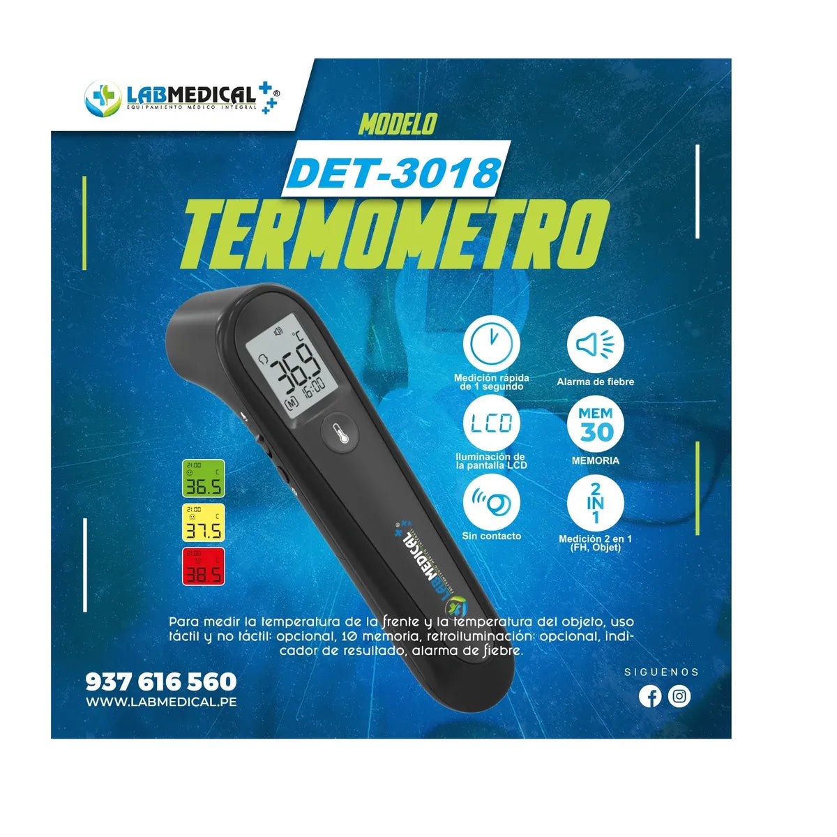 Termómetro Infrarrojo Sin Contacto con Alarma de Fiebre LABMEDICAL DET-3018