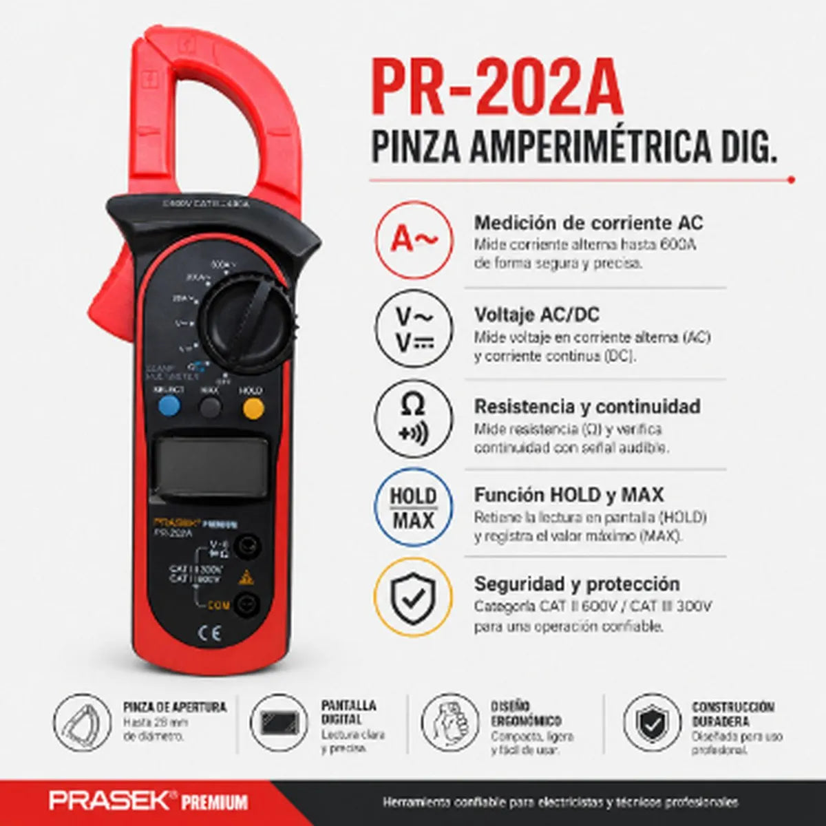 Pinza Amperimétrica Digital 600 A 600 V PRASEK PR-202A