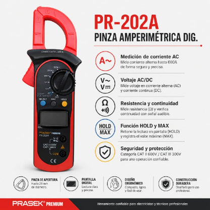 Pinza Amperimétrica Digital 600 A 600 V PRASEK PR-202A