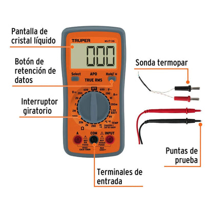 Multímetro Digital Profesional True RMS 600 V TRUPER MUT-36