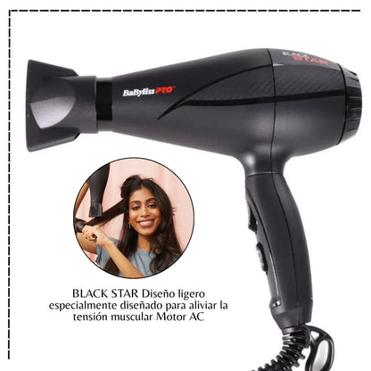 Secadora de Cabello Profesional Iónica 2000 W BABYLISS PRO Black Star B6200PE