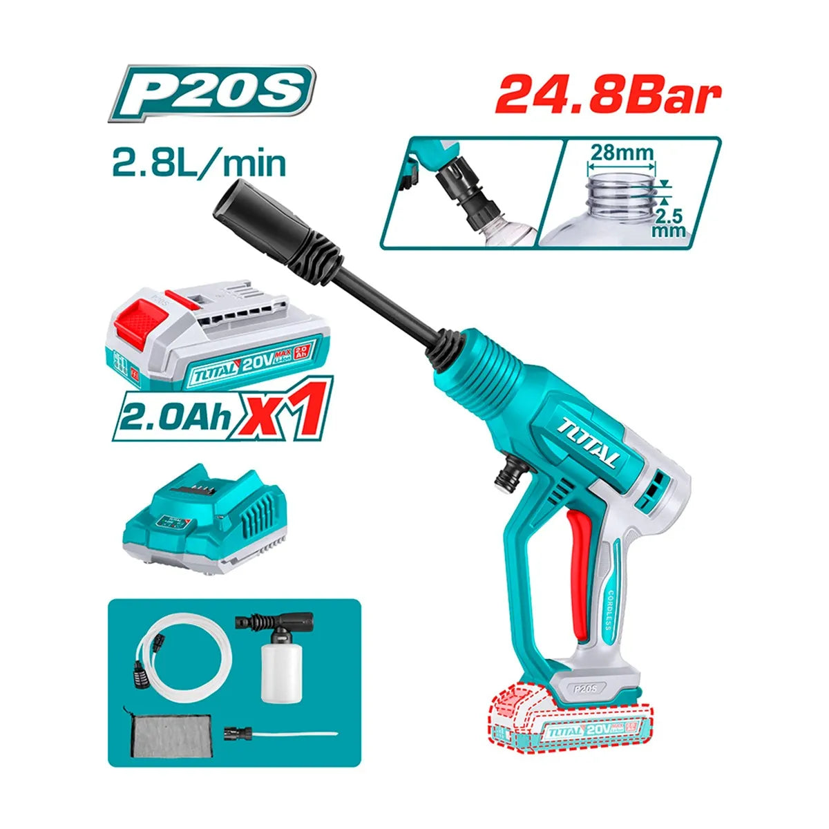 Hidrolavadora Inalámbrica Portátil 20 V 24.8 bar con Batería TOTAL TPWLI20362