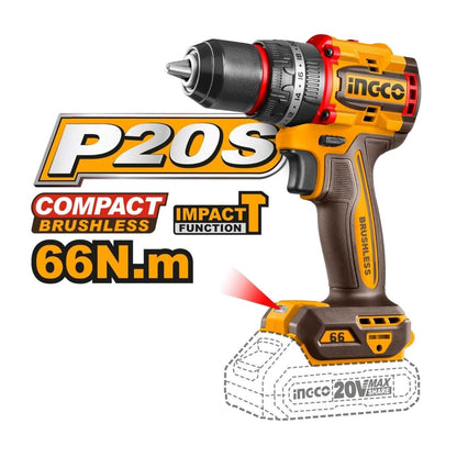 Taladro Percutor Inalámbrico Brushless 20 V 66 Nm + 2 Baterías INGCO CIDLI20668