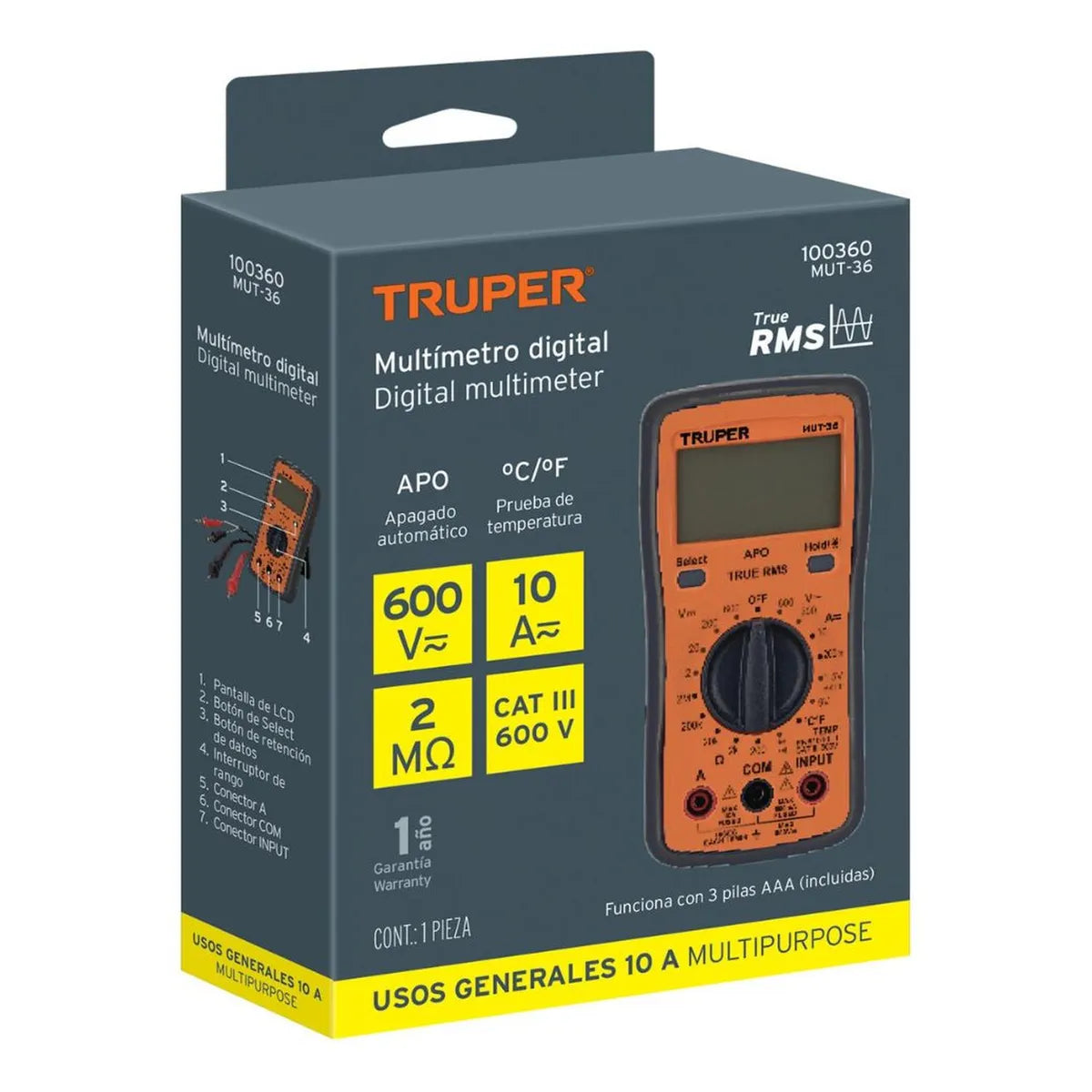 Multímetro Digital Profesional True RMS 600 V TRUPER MUT-36
