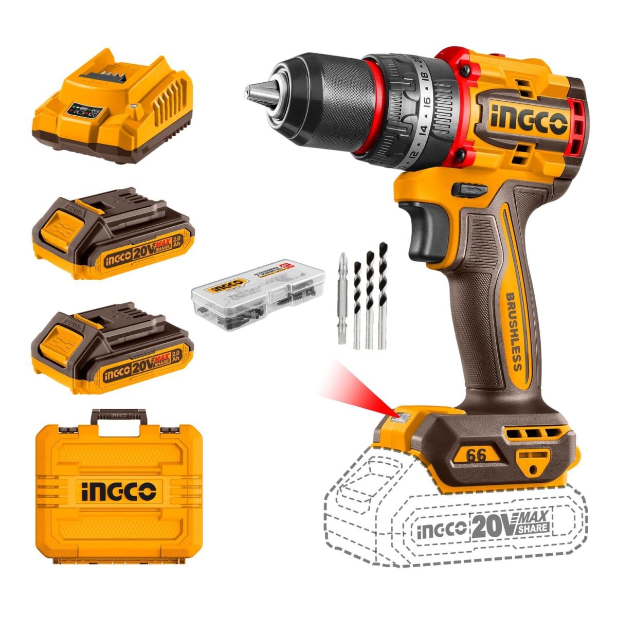 Taladro Percutor Inalámbrico Brushless 20 V 66 Nm + 2 Baterías INGCO CIDLI20668