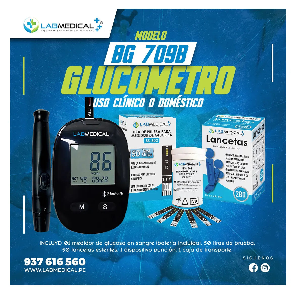 Glucómetro con Bluetooth + 100 Tiras + 100 Lancetas LABMEDICAL BG709B